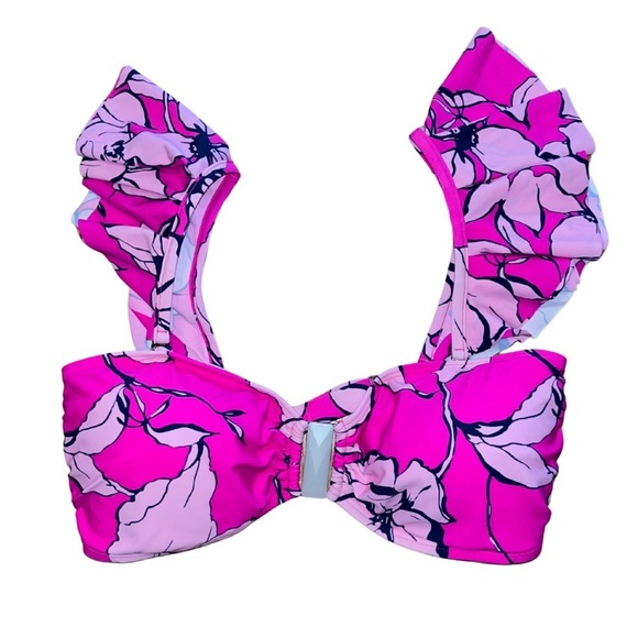 Venus Pink Floral Ruffle Strap Bikini Top – Convertible Bandeau Style - Picture 1 of 4